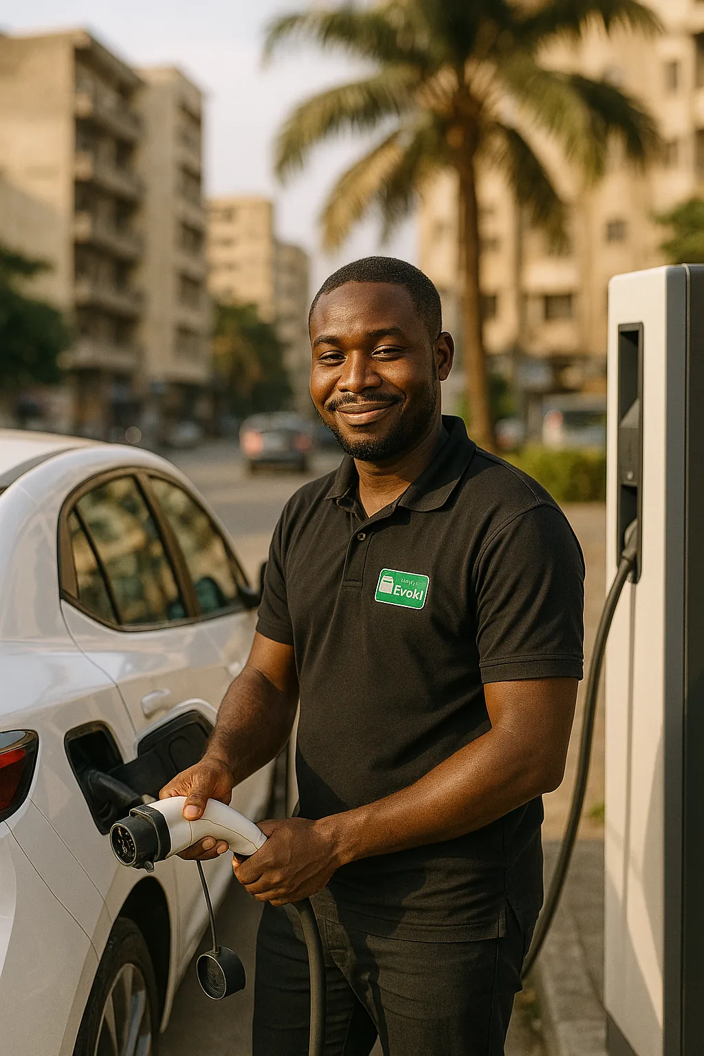 Un chauffeur Flot près d'une borne de recharge pour véhicule électrique à Abidjan